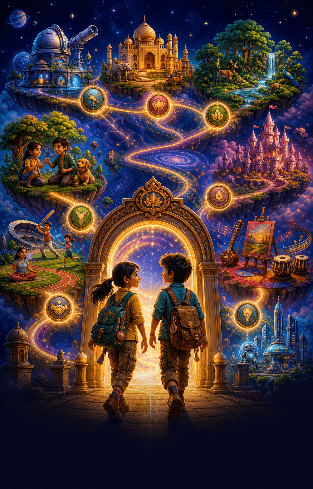 Two children entering a glowing gateway connected to eight adventure worlds