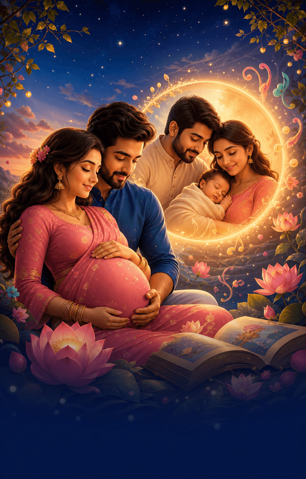 An expecting Indian couple and a peaceful newborn family surrounded by a warm glow