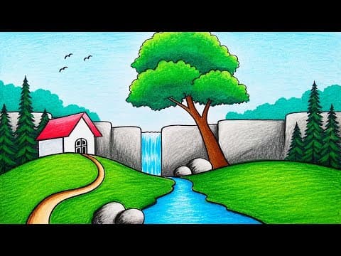 Easy Drawing Waterfall Scenery | How To Draw Easy Scenery With Oil Pastel