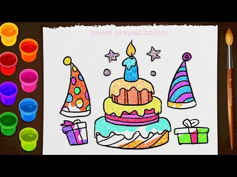 Draw a cake and colouring for kids - easy cake drawing, how to draw a cute birthday cake - easy draw