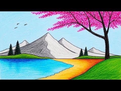 How to Draw Easy Scenery | Drawing Spring Season in the Beach Scenery Step by Step