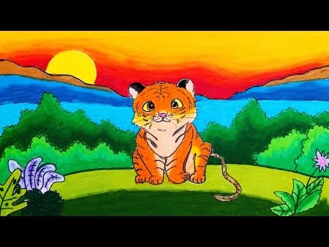 Drawing Tiger Scenery in Zoo Step By Step | How To Draw Easy Scenery With Oil Pastels