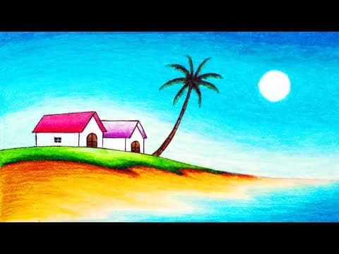 How to Draw Easy Scenery of Houses in the Beach | Simple Tropical Beach Scenery Drawing