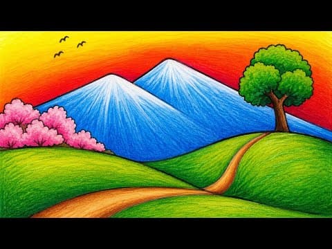 Drawing Easy Mountain Scenery | How To Draw Easy Scenery With Oil Pastel