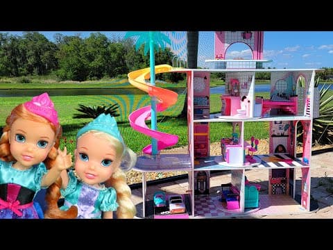 Playhouse ! Little Elsa & Anna visit Jasmine-LOL doll house of surprises-slide-pool