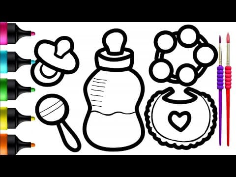Let's Draw Rattles and a Baby Bottle! Fun Painting and Coloring for Kids and Toddlers