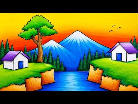 How to Draw House in the Village Scenery Step by Step | Easy Nature Scenery Drawing