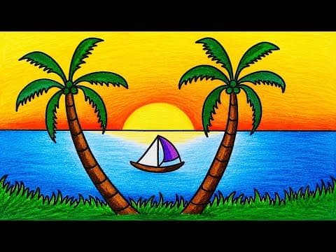 How To Draw Easy Scenery Of Sunset In Tropical Beach | Beautiful Sunset Scenery Drawing