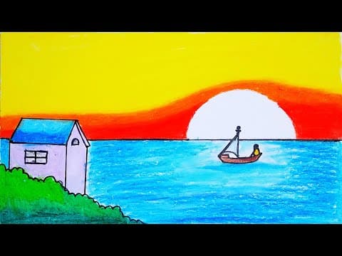 Drawing Easy Sunset in the Sea | How to Draw Easy Scenery With Oil Pastels