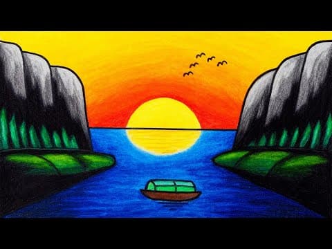 How To Draw Easy Scenery | Drawing Sunset Scenery With Oil Pastels _ Oil Pastels Drawing