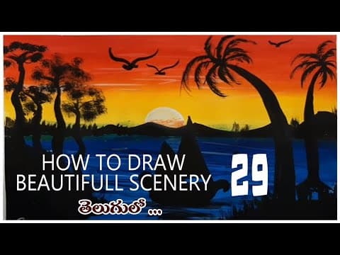 how to draw easy scenery with poster color, draw simple scenery, village scenery drawing in Telegu