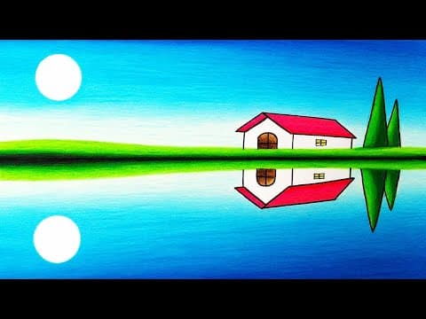How to Draw Easy Scenery of a House in the Reflection | Simple Riverside House Scenery Drawing