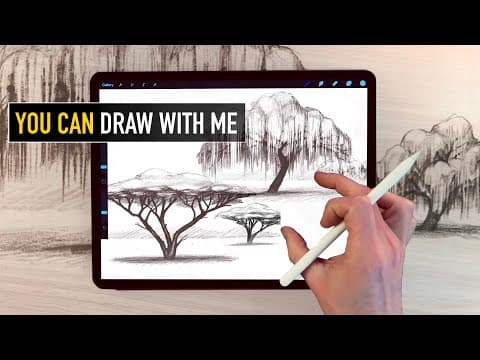 Apple pencil drawing tutorial - how to draw trees - willow and acacia