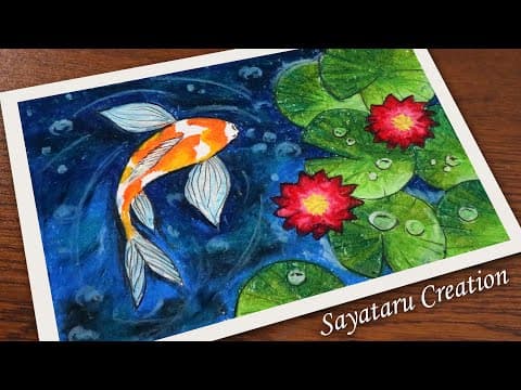 How to draw a Fish Swimming in Water   -   Water Lily Drawing with oil pastels