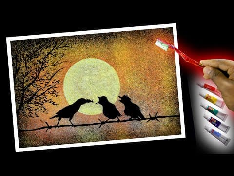 Toothbrush Painting Sunset birds / Easy Water Color Painting Technique