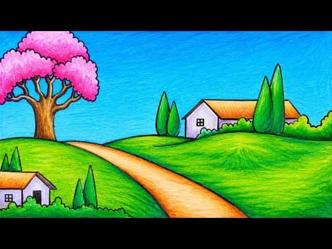 How To Draw Easy Village Scenery On A Hill | Drawing Easy Village Scenery With Oil Pastel