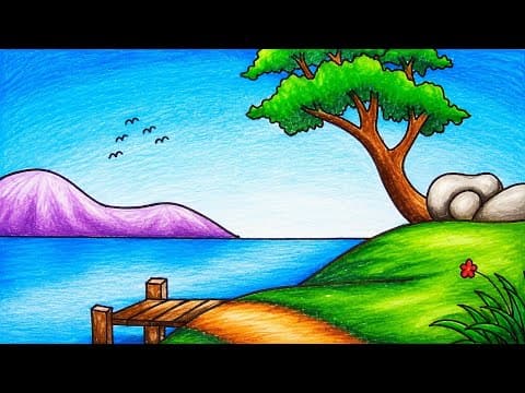 Simple Nature Scenery Drawing for Beginners | How to Draw Easy Scenery of Garden in the Sea Beach