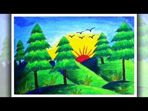 How to draw simple Scenery for beginners, Sunrise scenery drawing