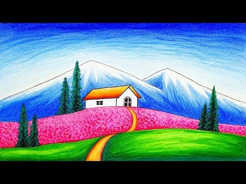 How to Draw Scenery of a House on the Beautiful Flowers Garden | Easy Nature Scenery Drawing