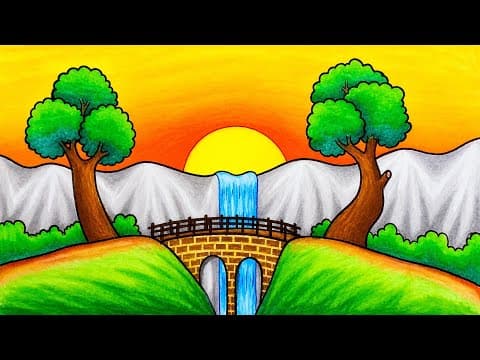 How To Draw Easy Sunset Waterfall Scenery With Oil Pastel | Drawing Waterfall Scenery
