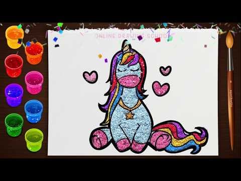 Draw a simple cute cartoon unicorn with glitter colors - draw cute animals - step by step coloring