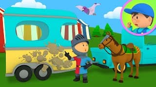 A Horse Trailer goes to Carls Car Wash!  Cartoon for Kids