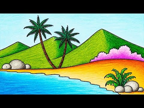 How to Draw Easy Tropical Beach | Beautiful Scenery Drawing