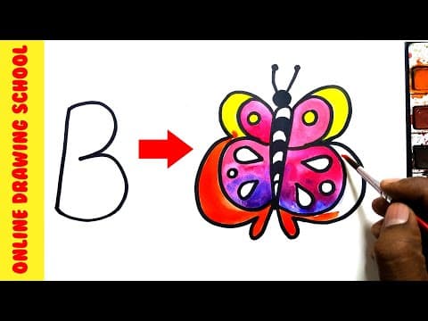 letters B into Butterfly drawing - How to Draw Anything from letters simple and easy  -  Lesson 158