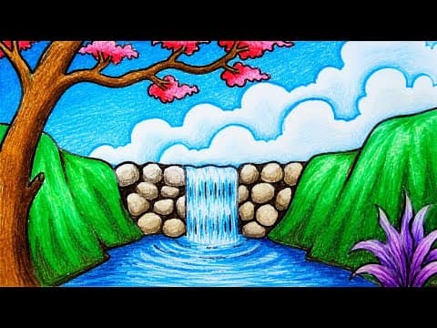 Easy Waterfall Scenery Drawing | How to Draw Beautiful Waterfall Scenery with Oil Pastels