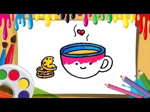 Cup drawing and coloring for kids - how to draw a cute and chubby coffee cup with biscuits