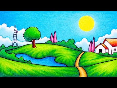 Easy Nature Scenery Drawing | How to Draw Simple Scenery of Green Hills Village With Oil Pastel