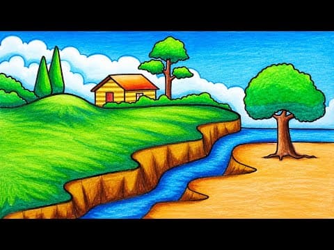 How To Draw Easy a Village Scnery On a River, Beautiful Drawing River Scenery With Oil Pastel