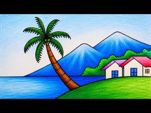Easy Nature Scenery Drawing | How to Draw Mountain, Beach, Sea, and Houses Step by step