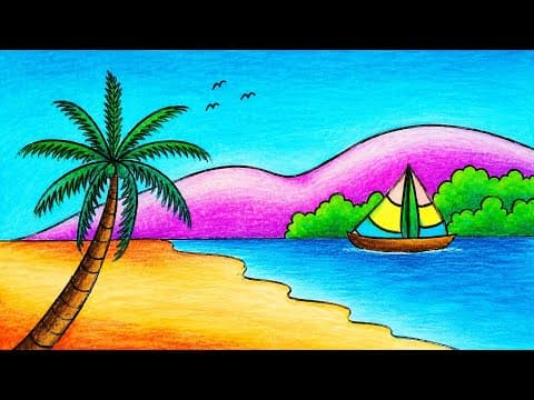Easy Mountain Scenery Drawing on the Beach | How to Draw Easy Scenery With Oil Pastels