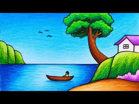 Super Easy Nature Secenery Drawing | How to Draw Simple Scenery of House in the Beach
