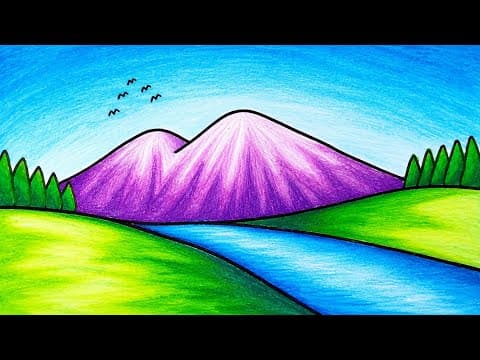 Easy Drawing Mountain On a River Scenery | How To Draw Easy Scenery _ Oil Pastel Drawing