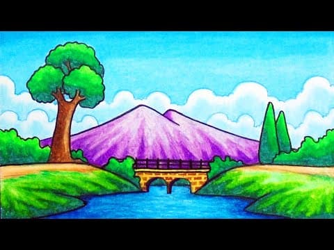 easy mountain scenery drawing | how to draw scenery of mountain river and bridge with oil pastels