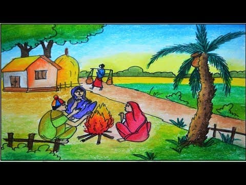 How to draw scenery of winter season, winter season scenery drawing