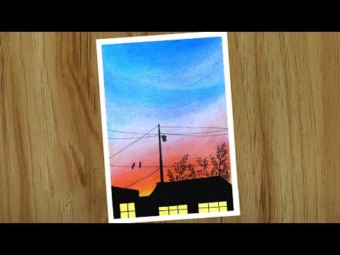 Sunset landscape drawing, Easy oil pastel drawing for beginners
