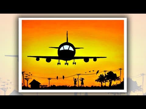 Beautiful Airplane Sunset Drawing, Easy scenery drawing for beginners with oil pastels