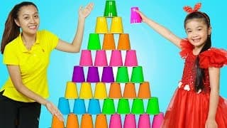 Hana Pretend Play w/ Giant Pyramid Cup Wall Stacking Game Challenge for Kids