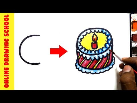 letters C into a Cake drawing for children  -  How to Draw Anything from letters simple and easy  -  Lesson 157