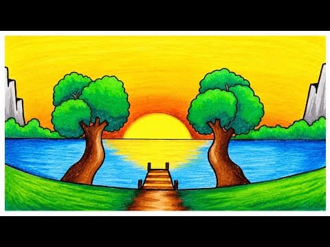 how to draw easy sunset over the lake scenery | Easy Drawing Sunset Scenery With Oil Pastel