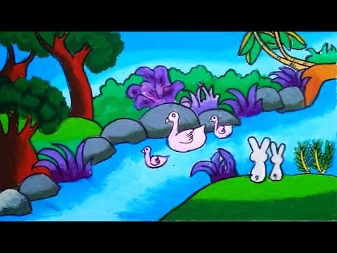 How To Draw Easy Scenery | Drawing Duck In River _ Oil Pastel Drawing