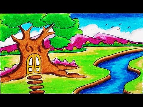 How To Draw Easy Scenery | Drawing Scenery Of a Tree House by The River With Oil Pastel